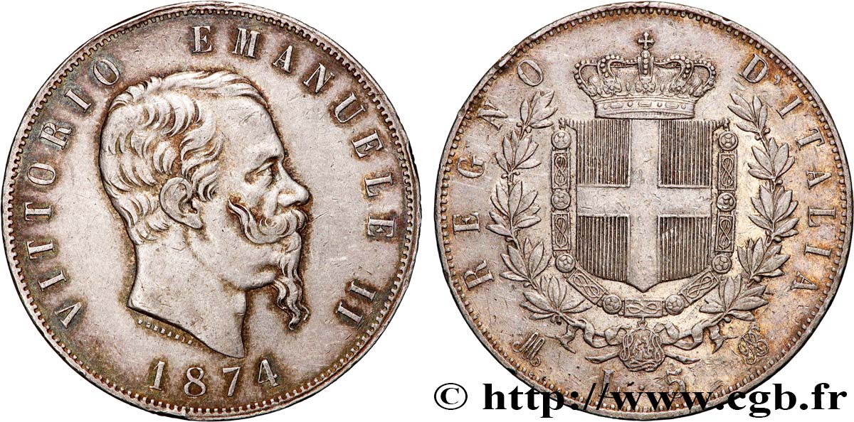 ITALIA 5 Lire Victor Emmanuel II 1874 Milan MBC 