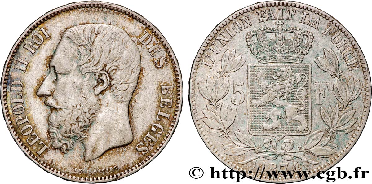 BELGIQUE - ROYAUME DE BELGIQUE - LÉOPOLD II 5 Francs  1874  TTB 