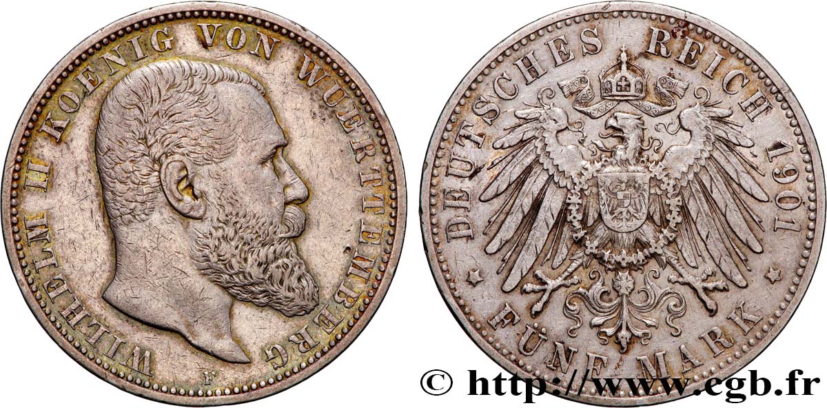 ALLEMAGNE - ROYAUME DE WURTTEMBERG - GUILLAUME II 5 Mark  1901 Stuttgart TTB 