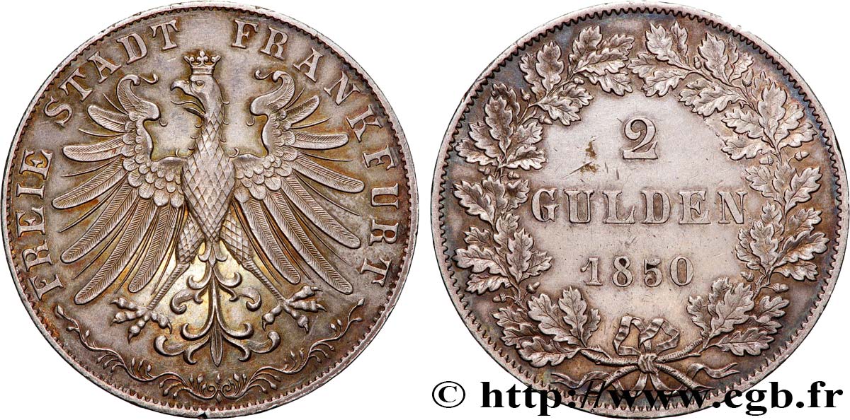 GERMANY - FREE CITY OF FRANKFURT 2 Gulden 1850 Francfort AU 