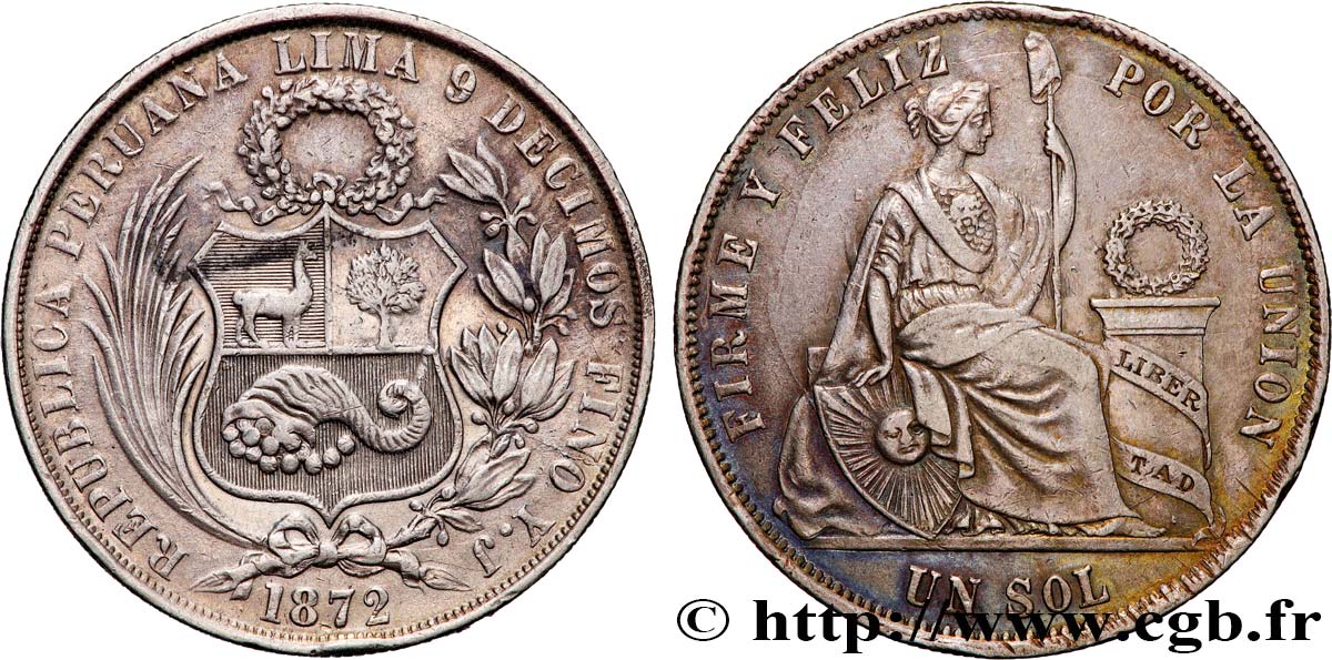 PÉROU 1 Sol “Liberté” assise 1872 Lima TTB 