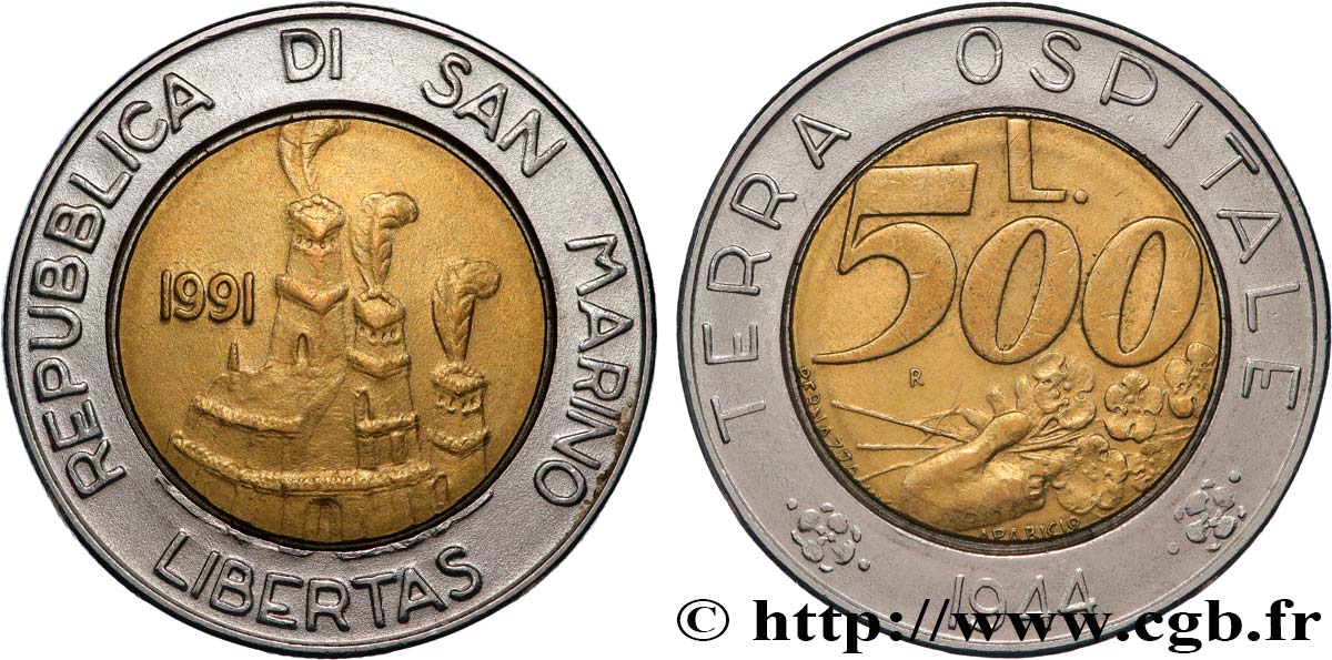 SAN MARINO 500 Lire carrier / Saint Marin recevant le mont Titano 1991 Rome - R AU 