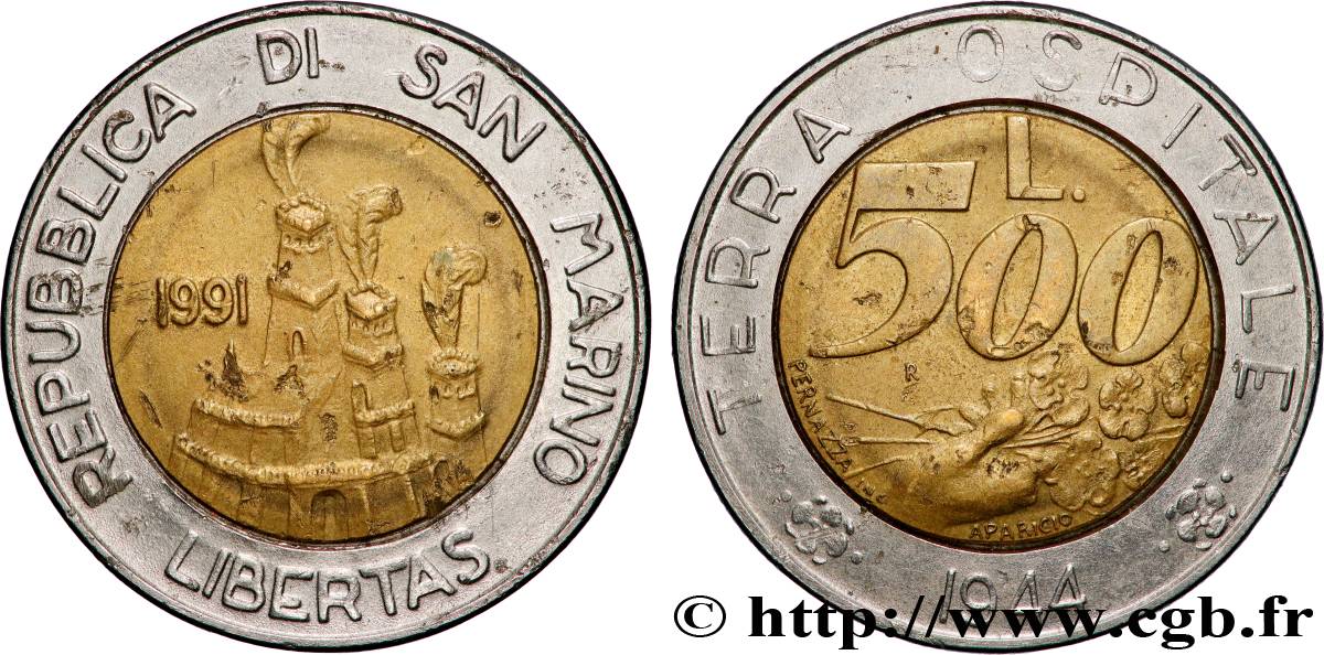 SAN MARINO 500 Lire carrier / Saint Marin recevant le mont Titano 1994 Rome - R EBC 