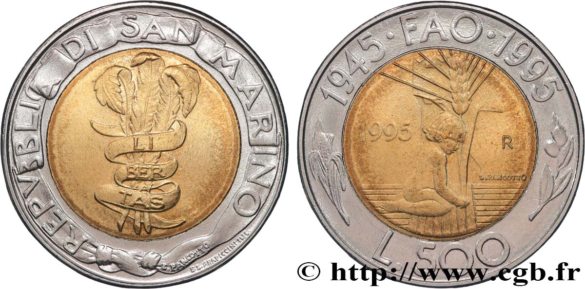 SAN MARINO 500 Lire FAO : bannière Libertas / enfant au pied d’un épi de blé 1995 Rome - R AU 