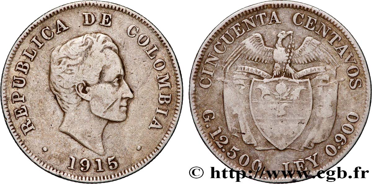 COLOMBIE 50 Centavos emblème Simon Bolivar 1915 Birmingham TTB 