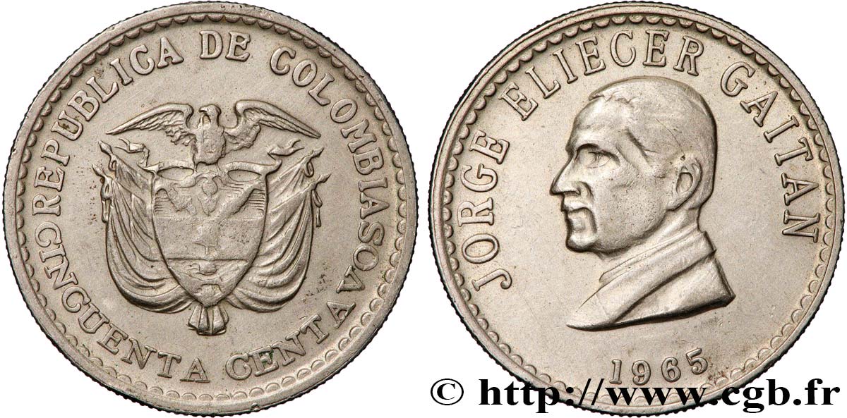 COLOMBIA 50 Centavos Jorge Eliecer Gaitan 1965  AU 