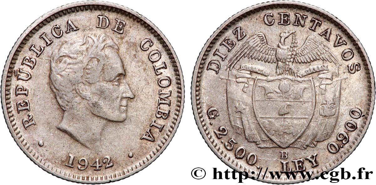 COLOMBIA 10 Centavos Simon Bolivar 1942 Bogota MBC 