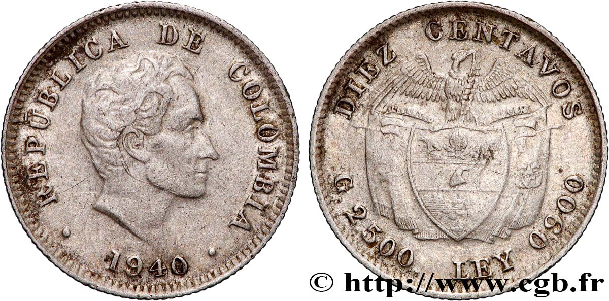 COLOMBIA 10 Centavos Simon Bolivar 1940 Birmingham BB 