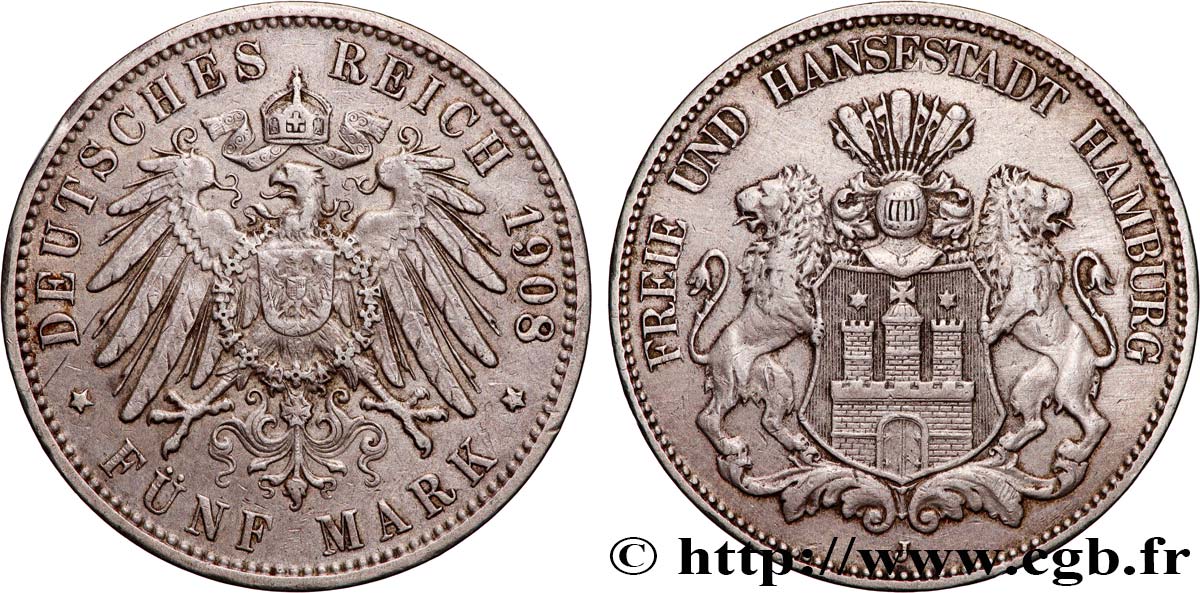 GERMANIA - LIBERA CITTA DE AMBURGO 5 Mark 1908 Hambourg q.SPL 