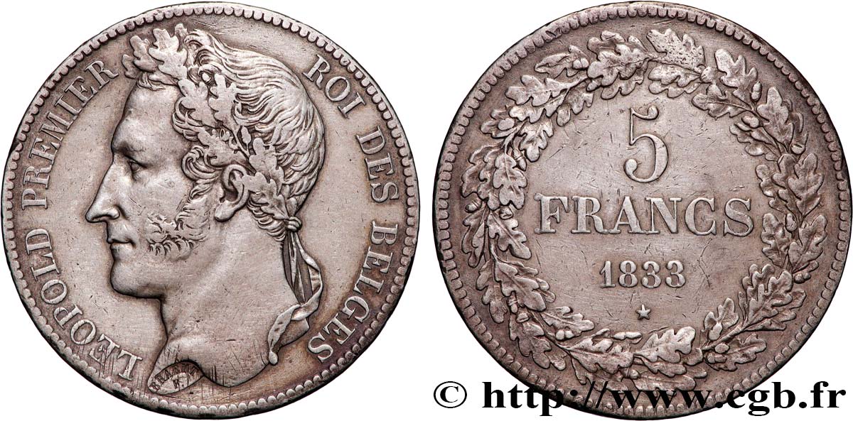 BELGIQUE - ROYAUME DE BELGIQUE - LÉOPOLD Ier 5 Francs  1833  TTB 