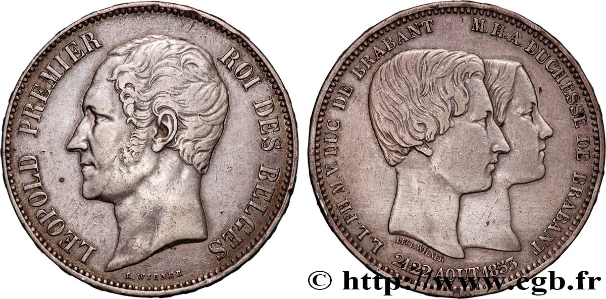 BELGIEN 5 Francs mariage du Duc et de la Duchesse de Brabant 1853  SS 