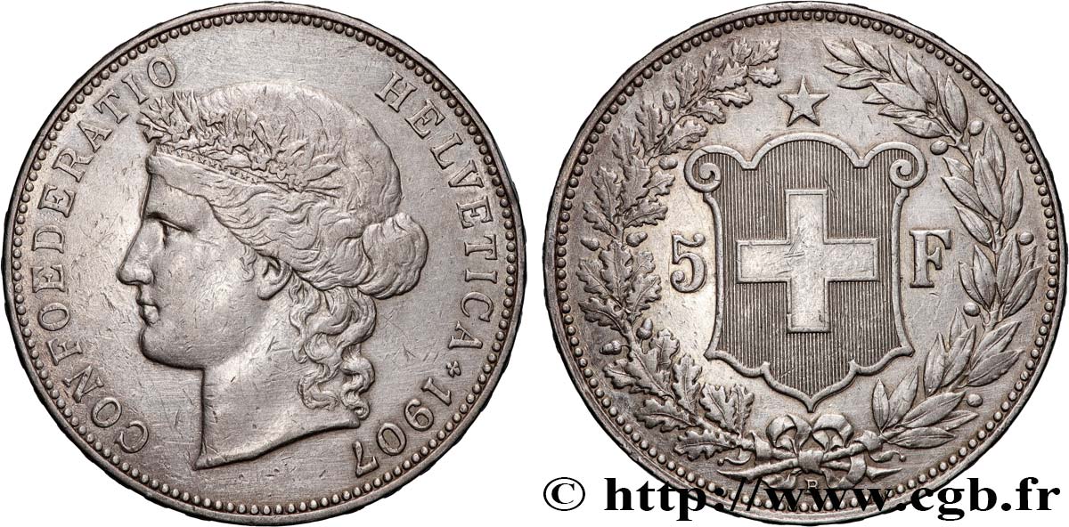 SUISSE 5 Francs Helvetia 1907 Berne TTB 