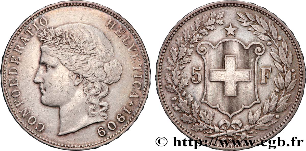 SUISSE 5 Francs Helvetia 1909 Berne TTB 