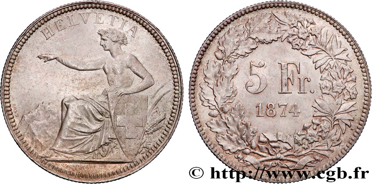 SUISSE 5 Francs Helvetia assise 1874 Bruxelles TTB 