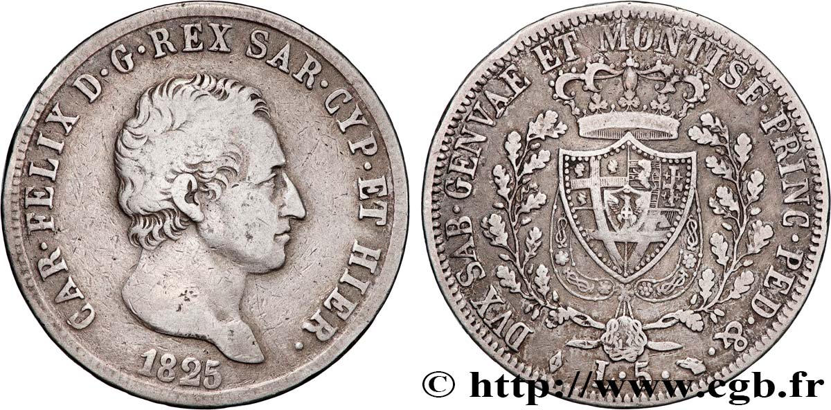 ITALIE - ROYAUME DE SARDAIGNE - CHARLES-FÉLIX 5 Lire  1825 Turin TB+ 