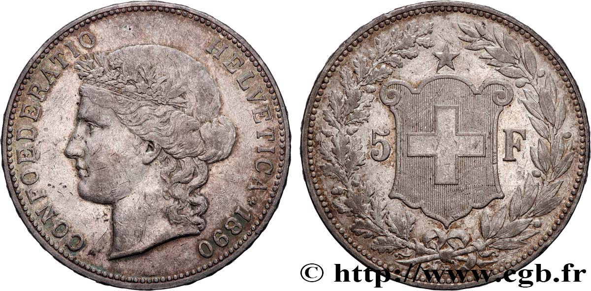 SWITZERLAND 5 Francs Helvetia 1890 Berne XF 