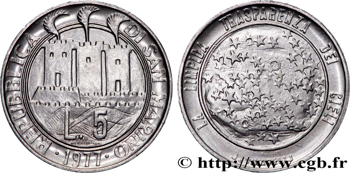 SAN MARINO 5 Lire 3 tours / la transparence du ciel 1977 Rome - R MS 