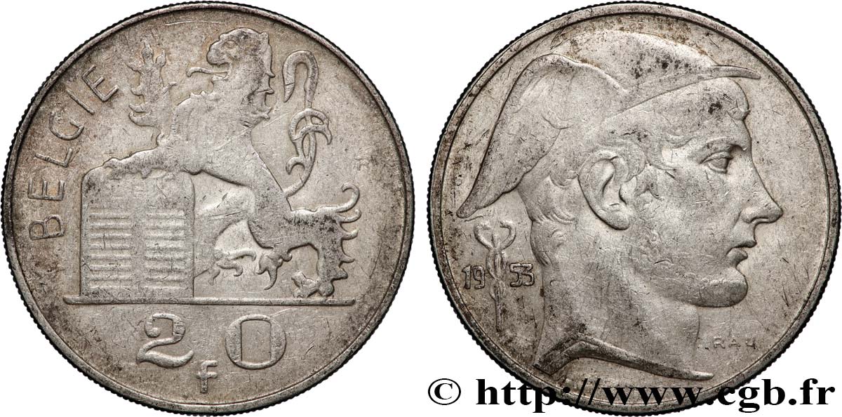 BELGIQUE 20 Francs Mercure, légende flamande 1953  TB+ 