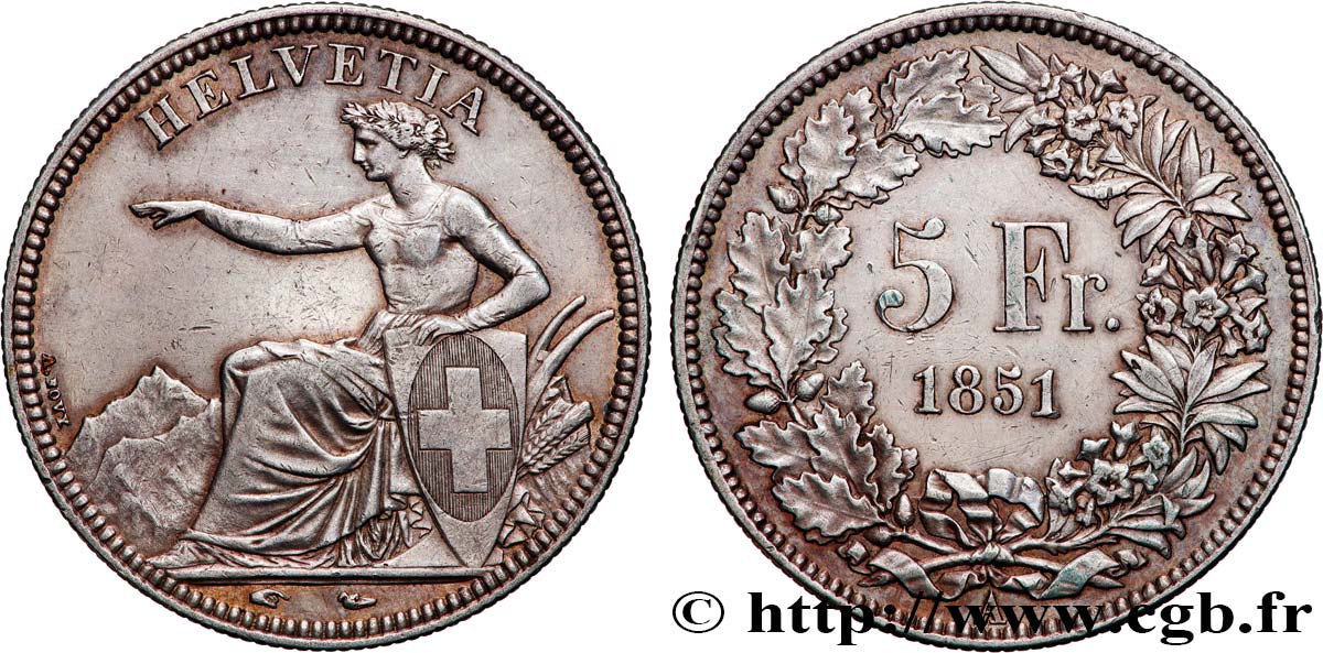 SUISSE - CONFEDERATION 5 Francs Helvetia assise 1851 Paris TTB+ 