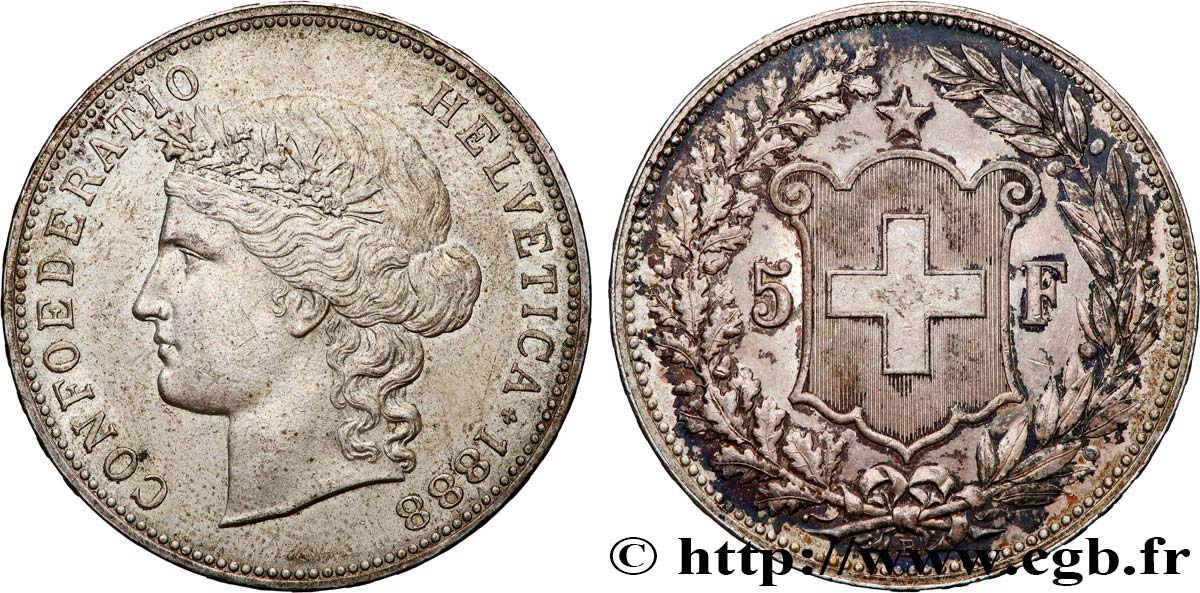 SWITZERLAND 5 Francs Helvetia buste 1888 Berne AU 