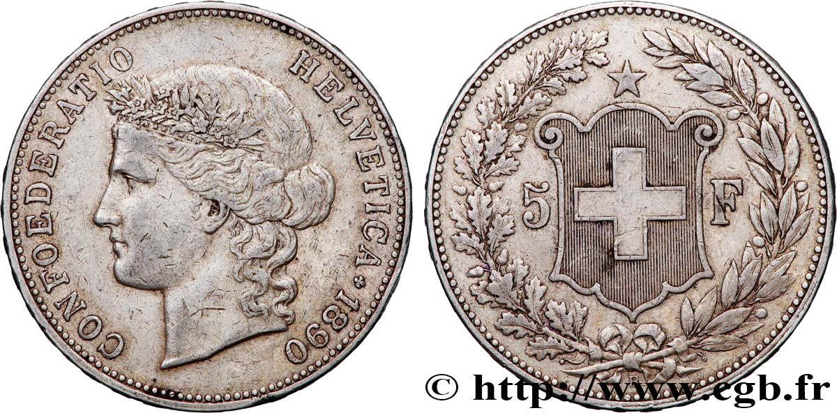 SUISSE 5 Francs Helvetia 1890 Berne TTB 