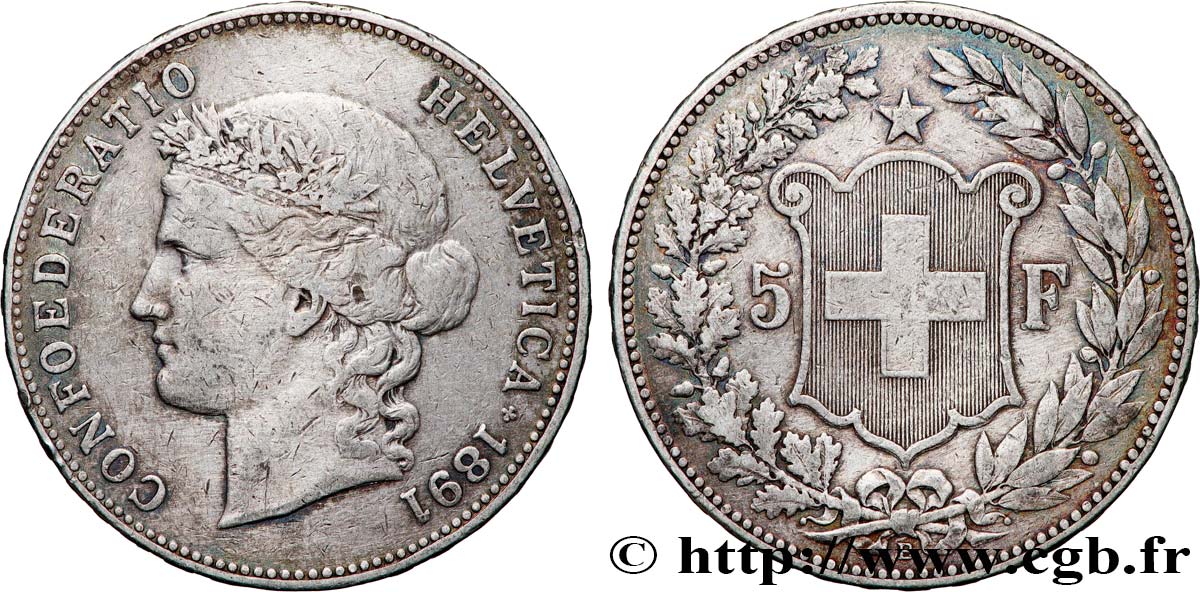 SUISSE 5 Francs Helvetia 1891 Berne TB+ 