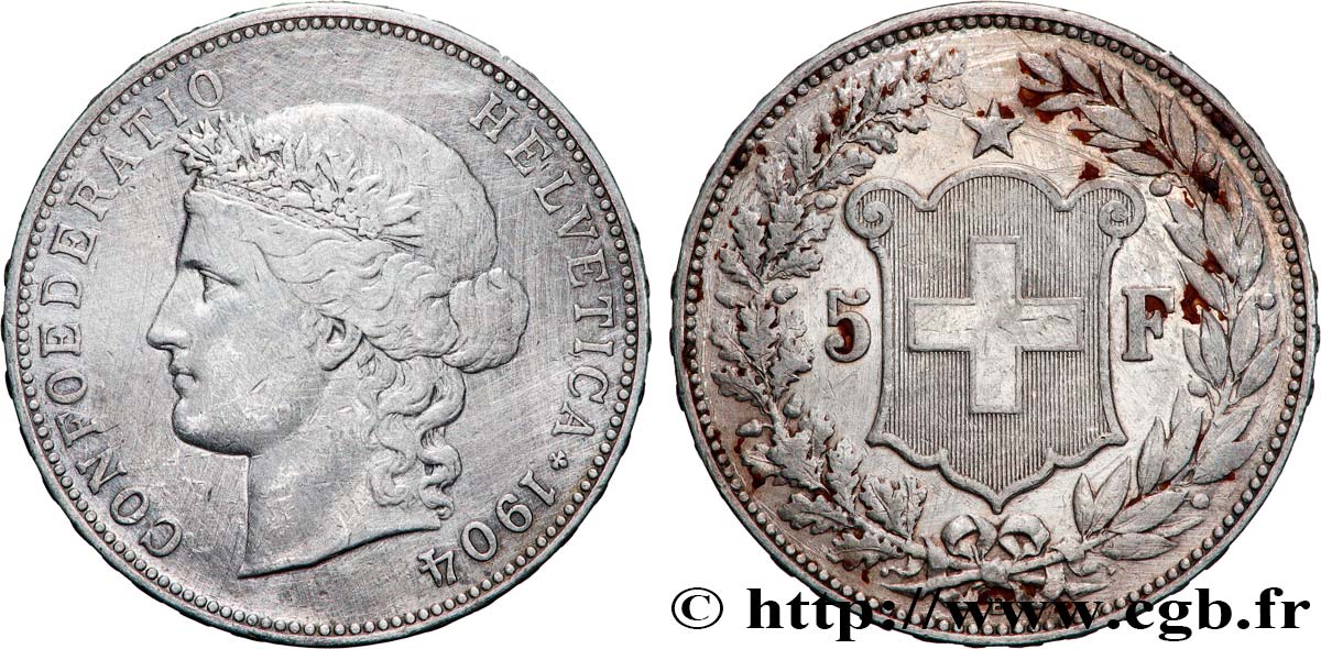 SWITZERLAND - HELVETIC CONFEDERATION 5 Francs Helvetia 1904 Berne SS 
