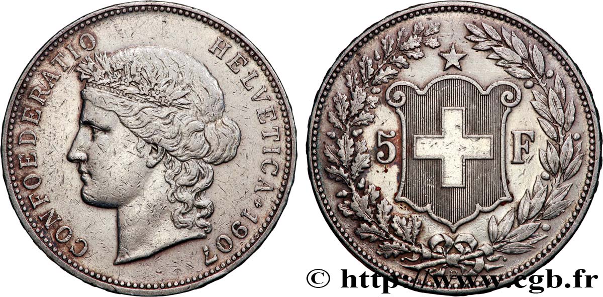 SCHWEIZ 5 Francs Helvetia 1907 Berne SS 