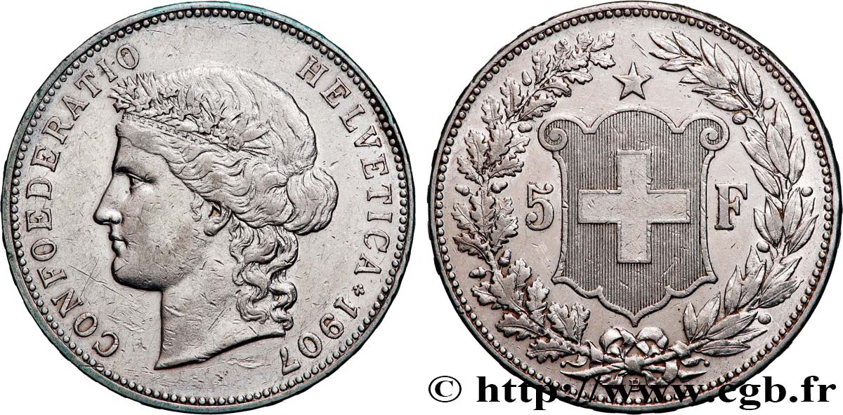 SUISSE 5 Francs Helvetia 1907 Berne TTB 