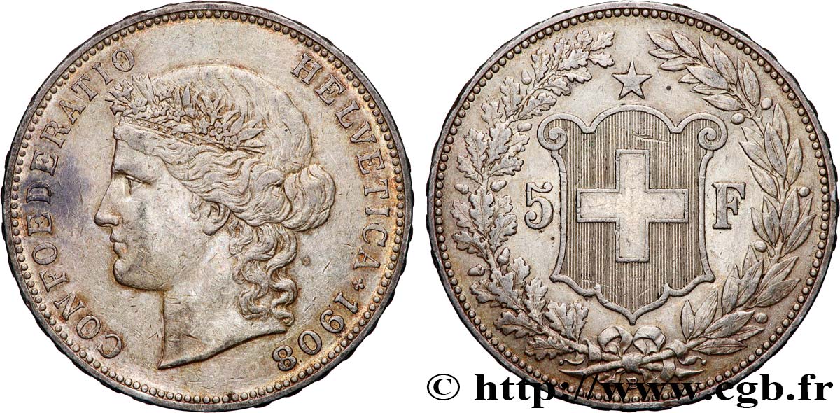 SUISSE 5 Francs Helvetia 1908 Berne TTB 