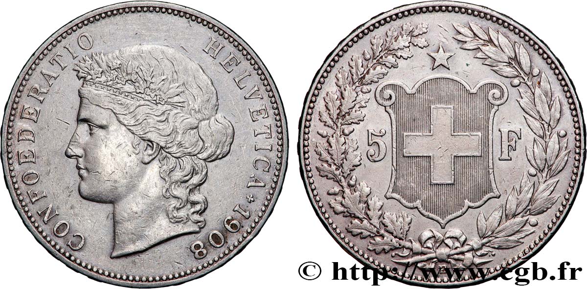 SUISSE 5 Francs Helvetia 1908 Berne TTB 