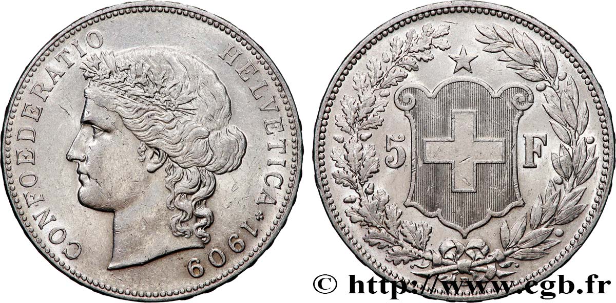 SVIZZERA  5 Francs Helvetia 1909 Berne BB 