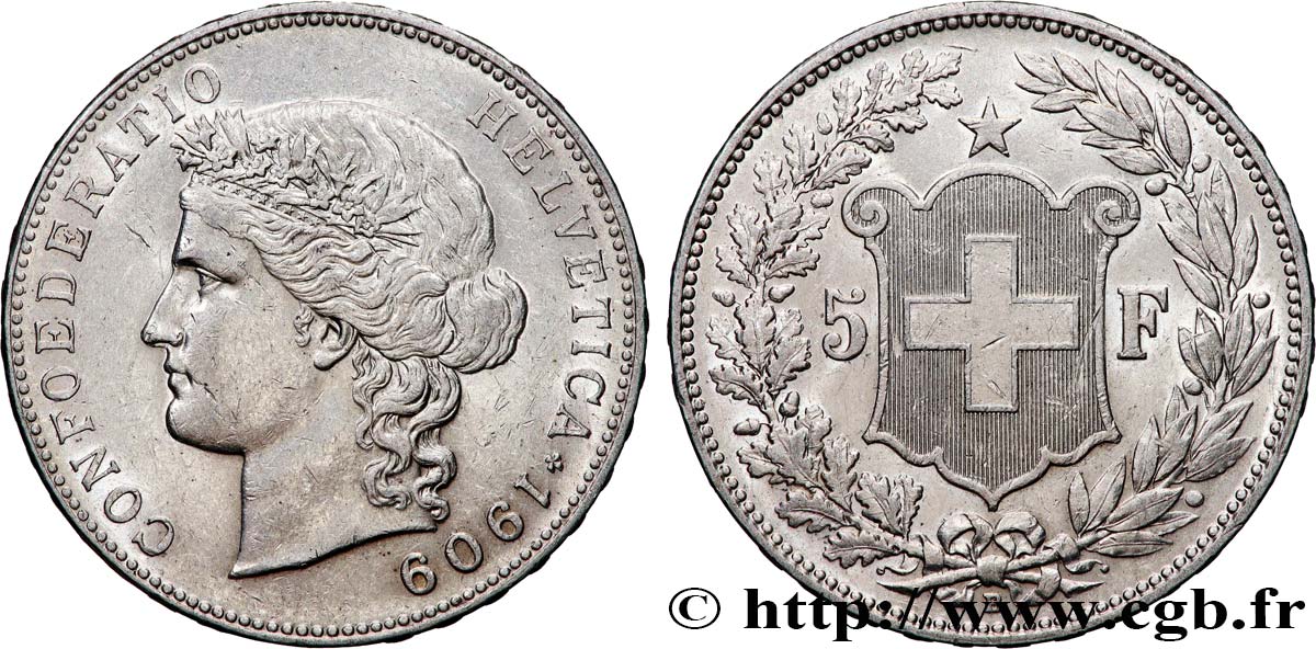 SUISSE 5 Francs Helvetia 1909 Berne TTB 