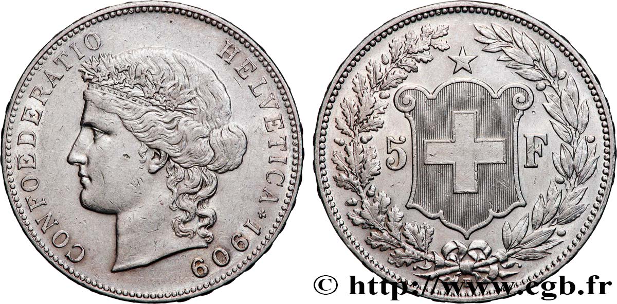 SVIZZERA  5 Francs Helvetia 1909 Berne BB 