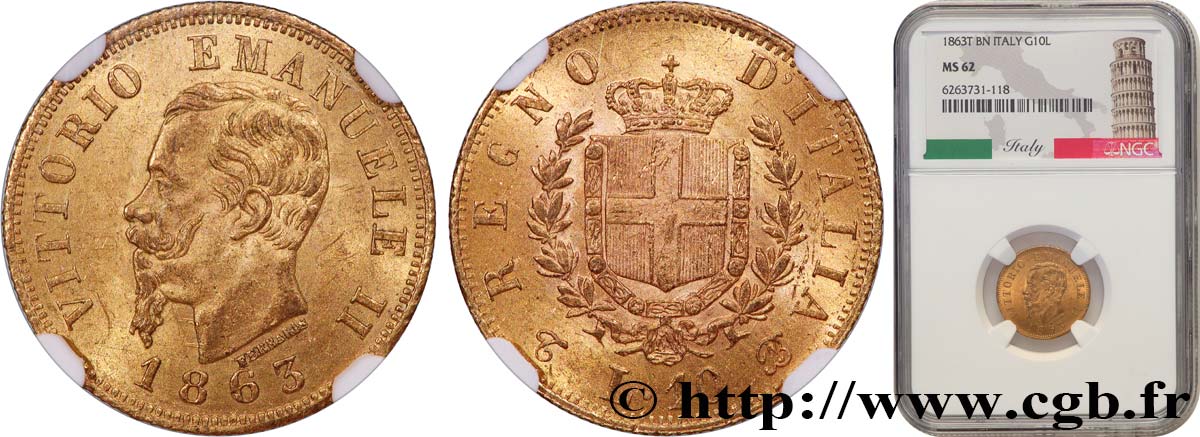 ITALY - KINGDOM OF ITALY - VICTOR-EMMANUEL II 10 Lire 1863 Turin MS62 NGC