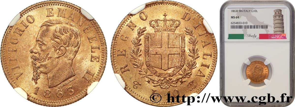 ITALIA - REINO DE ITALIA - VÍCTOR-MANUEL II 10 Lire 1863 Turin SC64 NGC