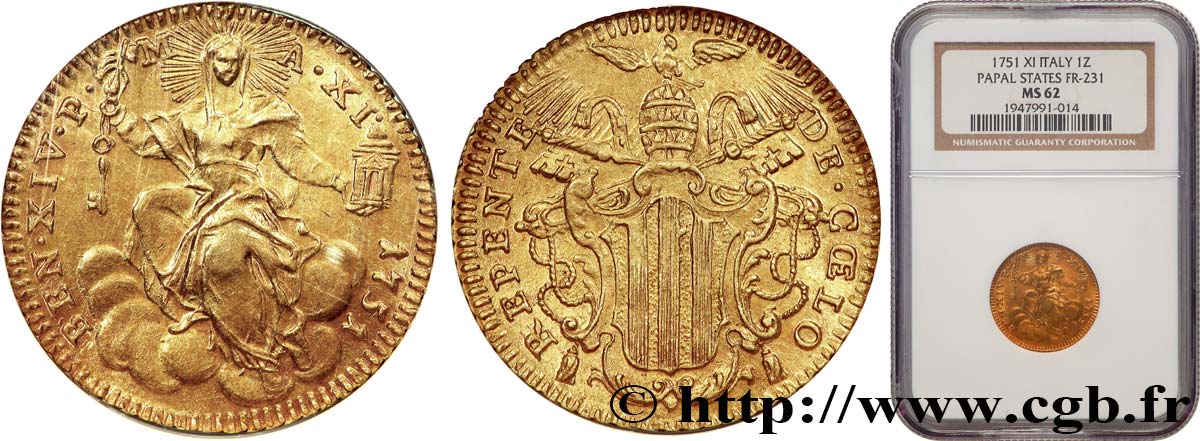 ITALIA - STATO PONTIFICIO - BENEDETTO XIV (Prospero Lambertini) Zecchino (Sequin) en or 1751 Rome SPL62 NGC