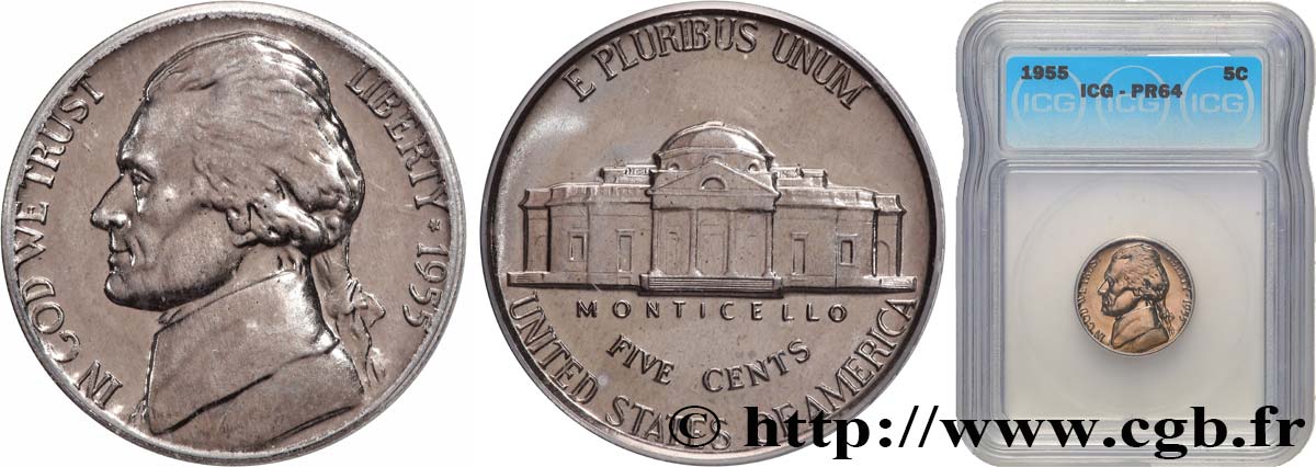 ÉTATS-UNIS D AMÉRIQUE 5 Cents Président Thomas Jefferson / Monticello Proof 1955 Philadelphie SPL64 autre