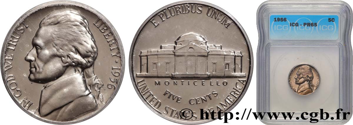 UNITED STATES OF AMERICA 5 Cents Président Thomas Jefferson / Monticello Proof 1956 Philadelphie MS65 autre