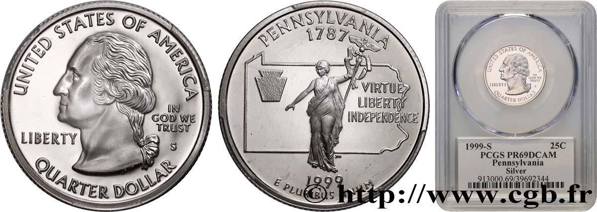 STATI UNITI D AMERICA 1/4 Dollar Pennsylvanie - Silver Proof 1999 San Francisco FDC69 PCGS