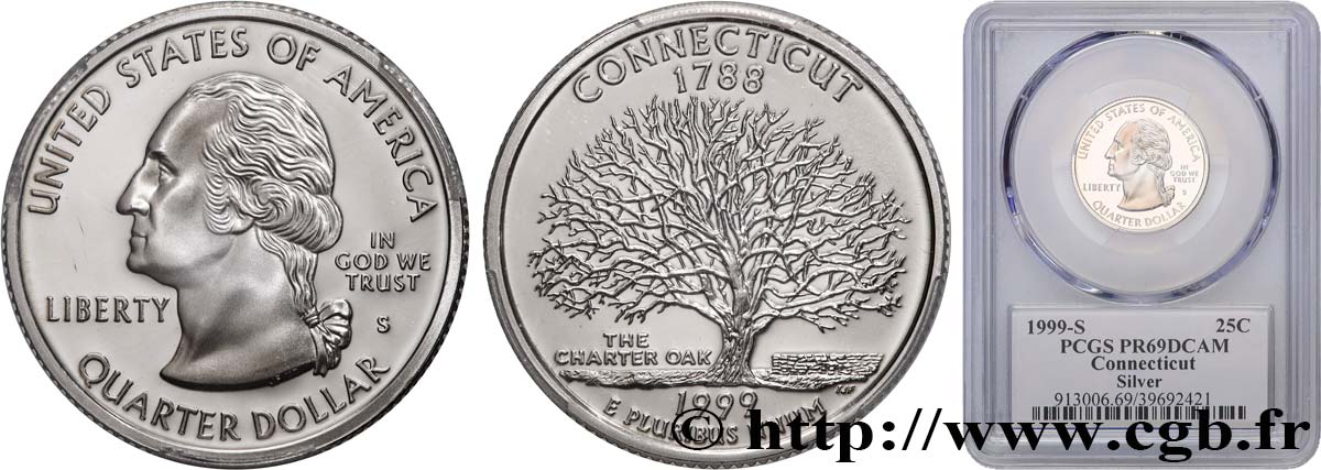 STATI UNITI D AMERICA 1/4 Dollar Connecticut - Silver Proof 1999 San Francisco FDC69 PCGS