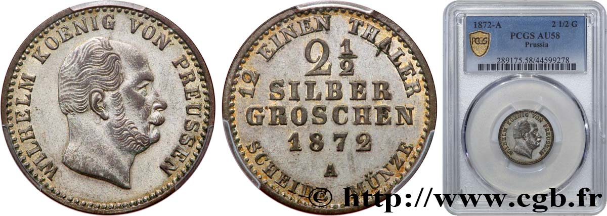 GERMANY - KINGDOM OF PRUSSIA - WILLIAM I 2 1/2 Silbergroschen (1/12 Thaler) 1872 Berlin AU58 PCGS