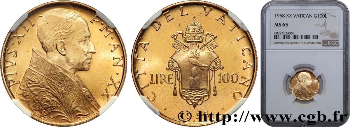 VATICAN - PIUS XII (Eugenio Pacelli) 100 Lire  1958 Rome MS65 NGC