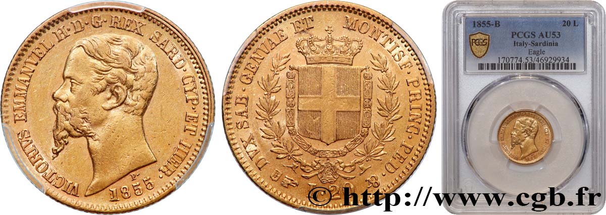 ITALY - KINGDOM OF SARDINIA - VICTOR-EMMANUEL II 20 Lire  1855 Turin AU53 PCGS
