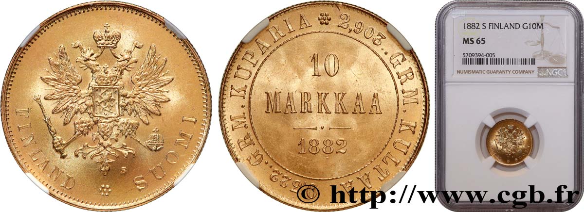 FINLAND 10 Markaa - administration Russe 1882 Helsinki MS65 NGC