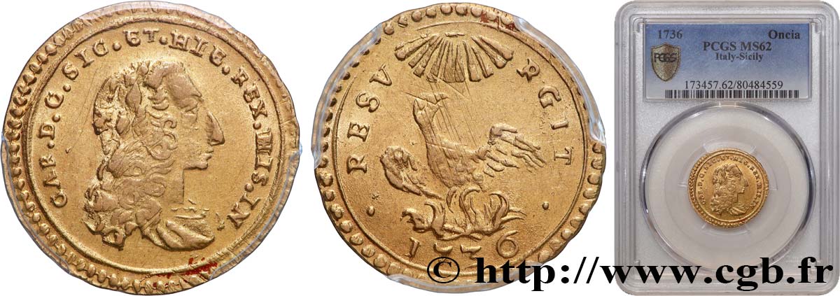 ITALIE - ROYAUME DE SICILE - CHARLES III D ESPAGNE 1 Oncia d’or  1736 Palerme EBC62 PCGS
