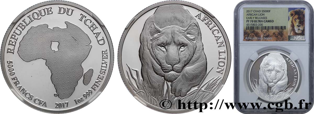 CHAD 5000 Francs CFA, Lion Africain 2017 Paris MS70 NGC