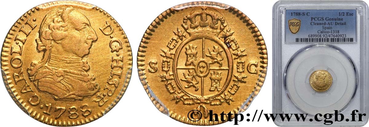 SPAIN - KINGDOM OF SPAIN - CHARLES III 1/2 Escudo  1788 Séville AU PCGS