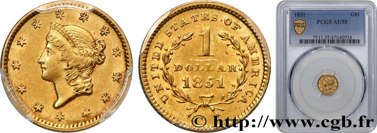 UNITED STATES OF AMERICA 1 Dollar  Liberty head , 1er type 1851 Philadelphie EBC55 PCGS