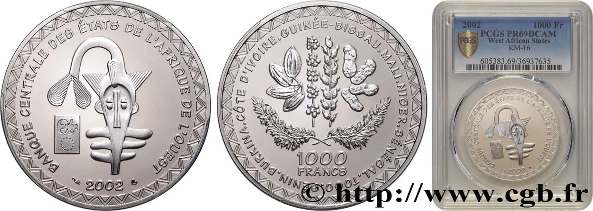 WESTAFRIKANISCHE LÄNDER 1000 Francs Proof 2002 Paris ST69 PCGS